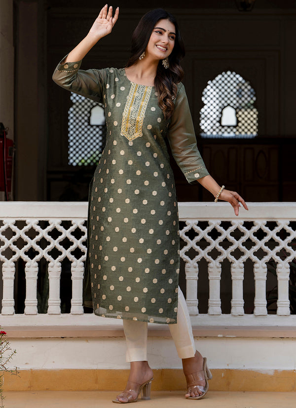 Vellora Silk Blend Brown Party Wear Embroidery Work Readymade Kurti