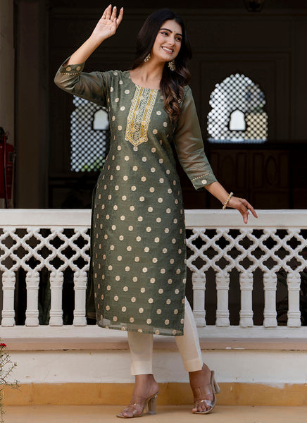 Vellora Silk Blend Brown Party Wear Embroidery Work Readymade Kurti