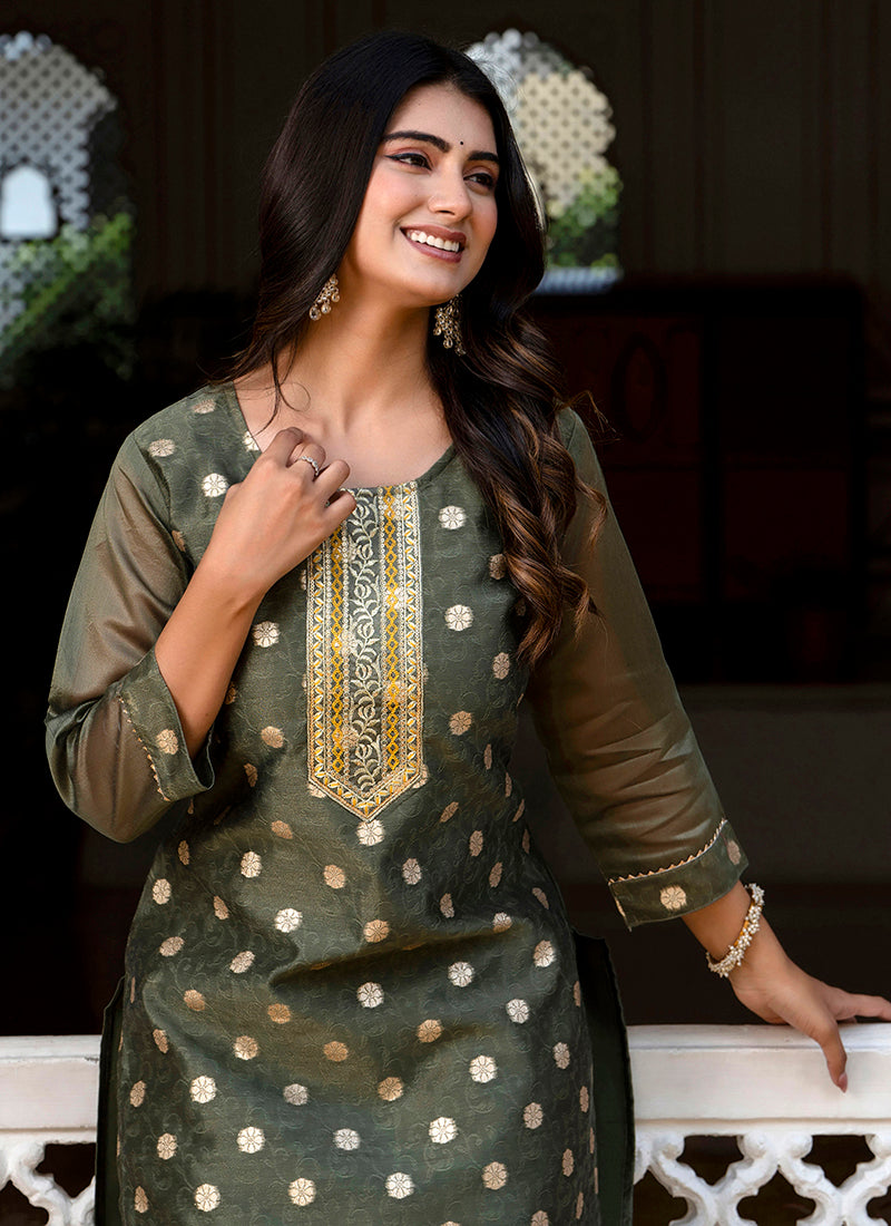 Vellora Silk Blend Brown Party Wear Embroidery Work Readymade Kurti