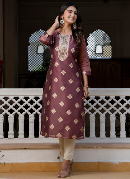 Vellora Silk Blend Peach Party Wear Embroidery Work Readymade Kurti
