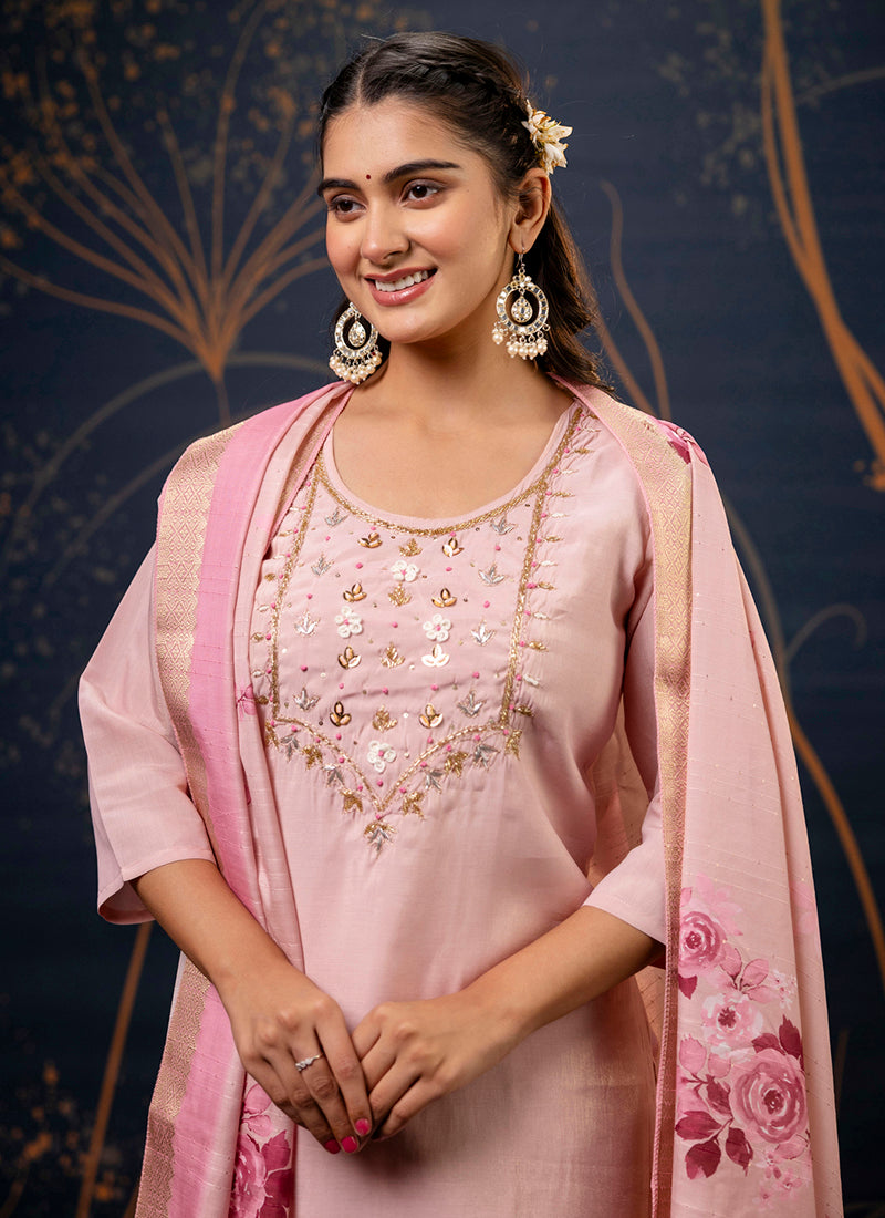 Vellora Shimmer Silk Red Casual Wear Hand Work Readymade Salwar Suit