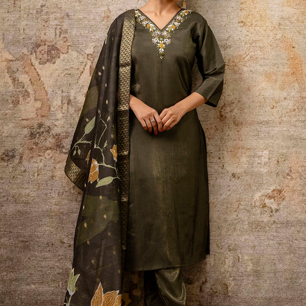 Vellora Shimmer Silk Red Casual Wear Hand Work Readymade Salwar Suit