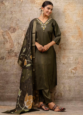 Vellora Shimmer Silk Red Casual Wear Hand Work Readymade Salwar Suit