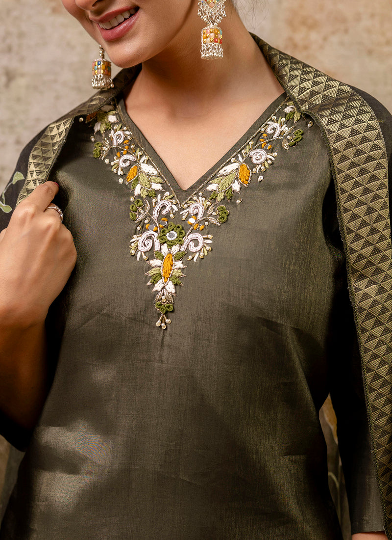 Vellora Shimmer Silk Red Casual Wear Hand Work Readymade Salwar Suit