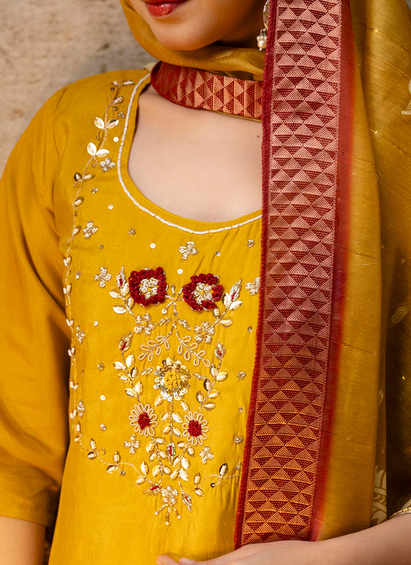 Vellora Shimmer Silk Mehendi Casual Wear Hand Work Readymade Salwar Suit