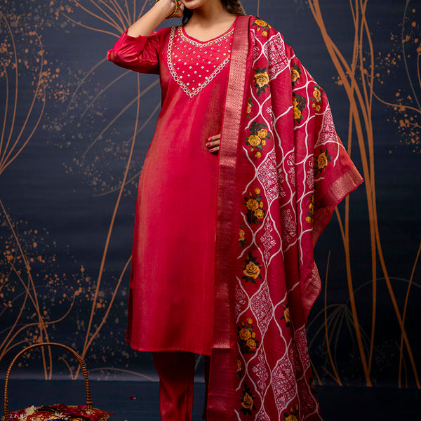 Vellora Shimmer Silk Olive Green Casual Wear Hand Work Readymade Salwar Suit - Distacart