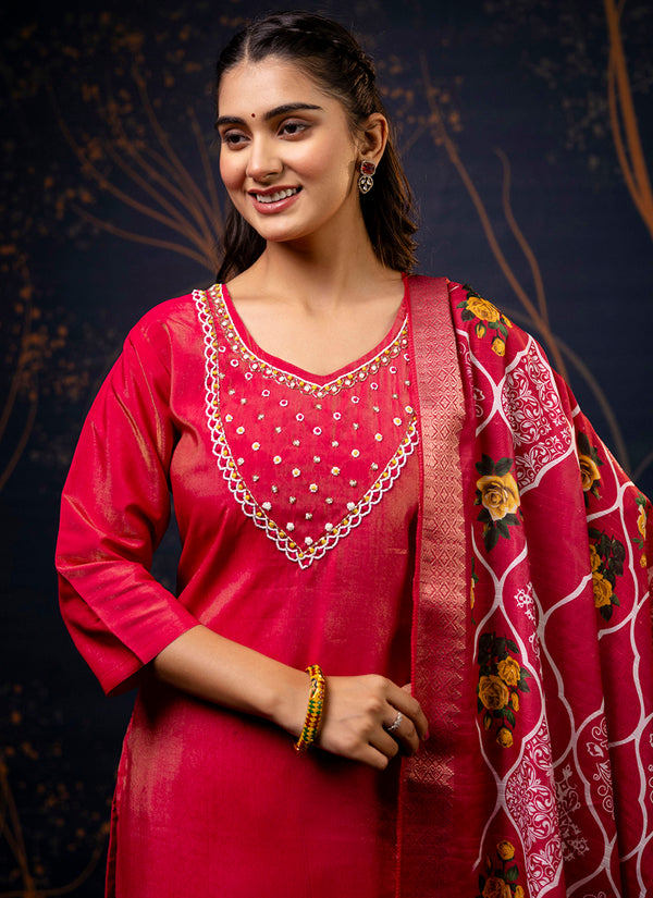 Vellora Shimmer Silk Olive Green Casual Wear Hand Work Readymade Salwar Suit