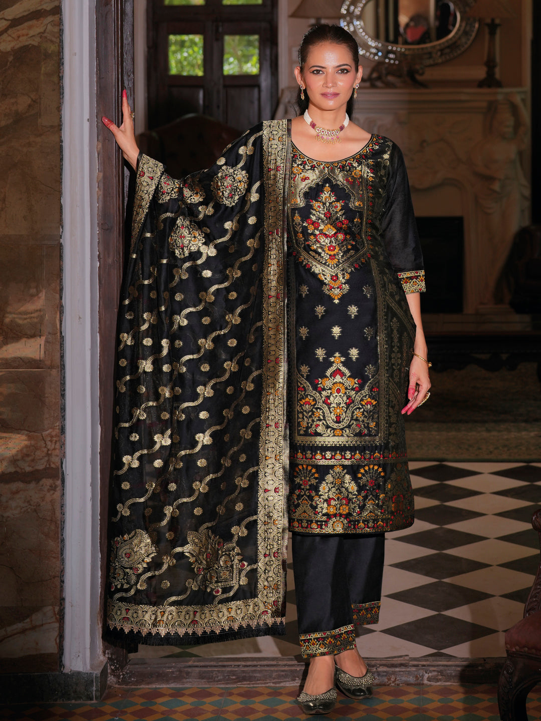 Vellora Jacquard Silk Black Party Wear Embroidery Work Readymade Salwar Suit