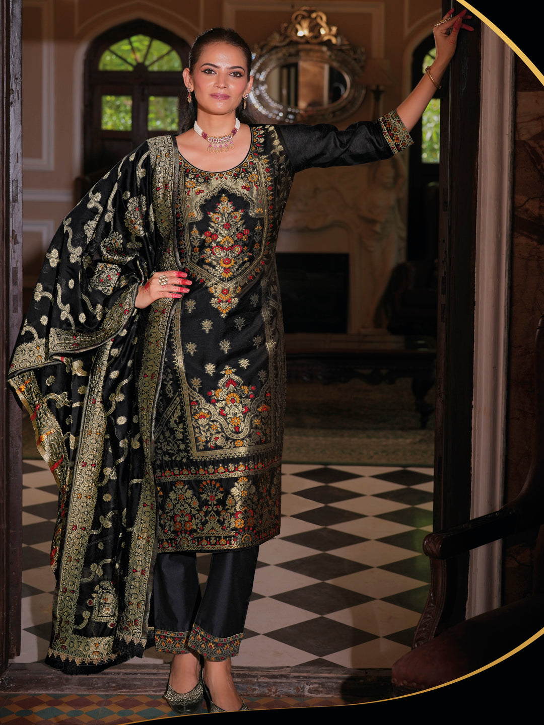 Vellora Jacquard Silk Black Party Wear Embroidery Work Readymade Salwar Suit