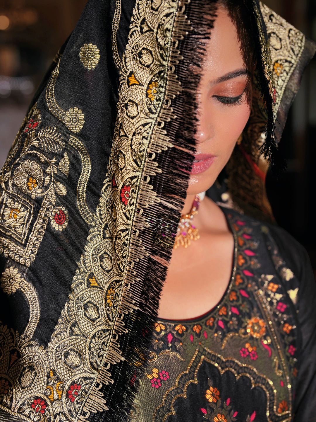 Vellora Jacquard Silk Black Party Wear Embroidery Work Readymade Salwar Suit