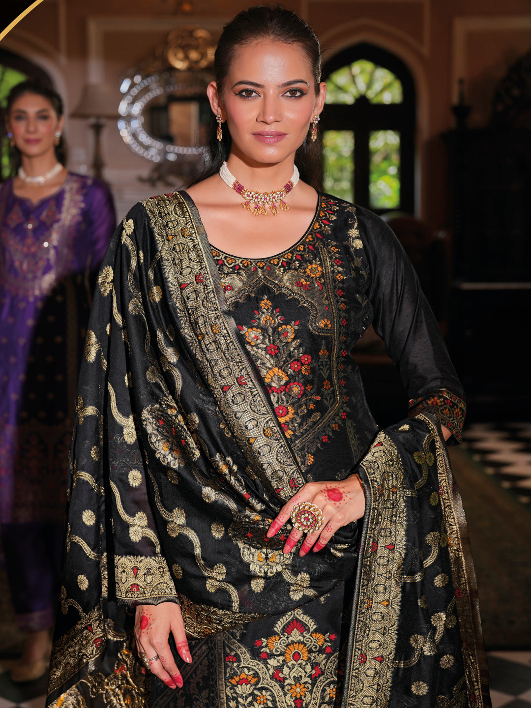 Vellora Jacquard Silk Black Party Wear Embroidery Work Readymade Salwar Suit