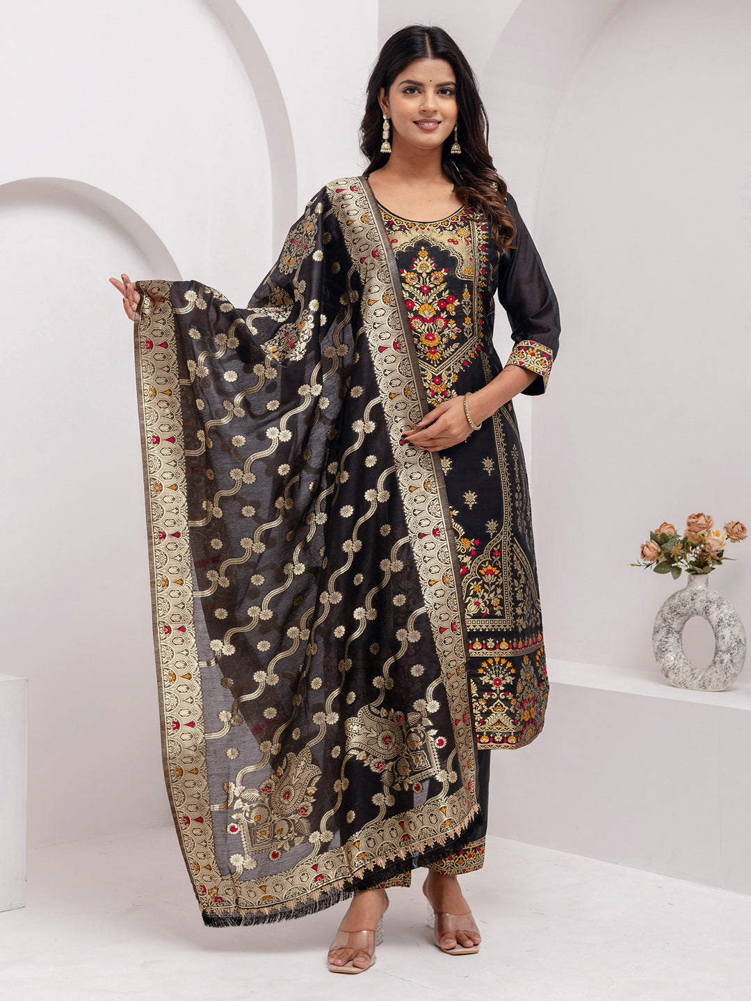 Vellora Jacquard Silk Black Party Wear Embroidery Work Readymade Salwar Suit