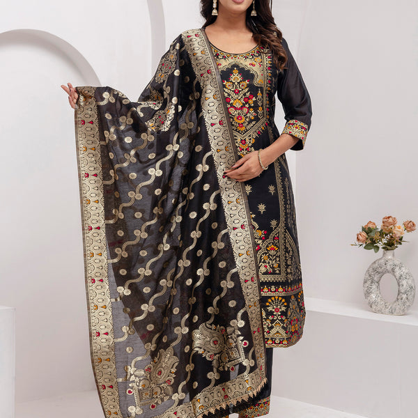Vellora Jacquard Silk Black Party Wear Embroidery Work Readymade Salwar Suit - Distacart