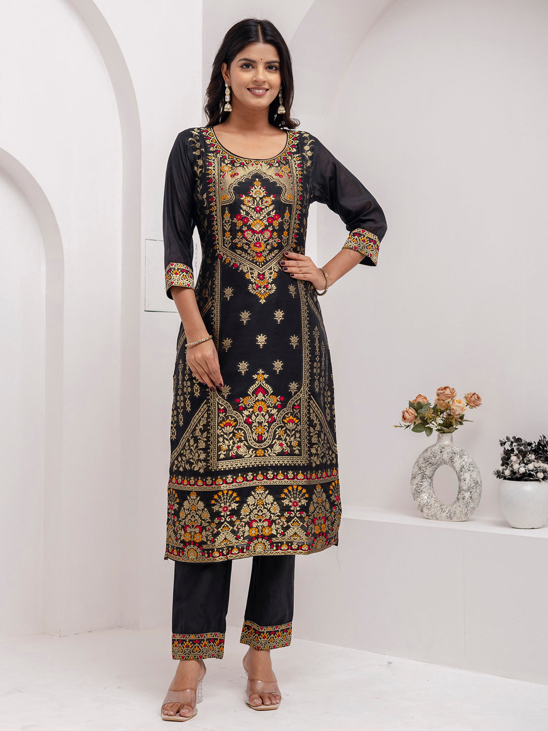 Vellora Jacquard Silk Black Party Wear Embroidery Work Readymade Salwar Suit