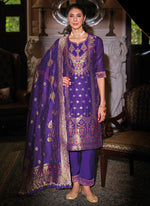 Thumbnail for Vellora Jacquard Silk Royal Blue Party Wear Embroidery Work Readymade Salwar Suit