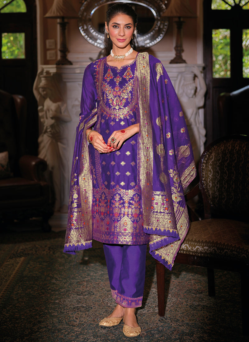 Vellora Jacquard Silk Royal Blue Party Wear Embroidery Work Readymade Salwar Suit