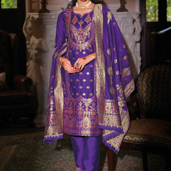 Vellora Jacquard Silk Royal Blue Party Wear Embroidery Work Readymade Salwar Suit - Distacart