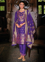 Thumbnail for Vellora Jacquard Silk Royal Blue Party Wear Embroidery Work Readymade Salwar Suit