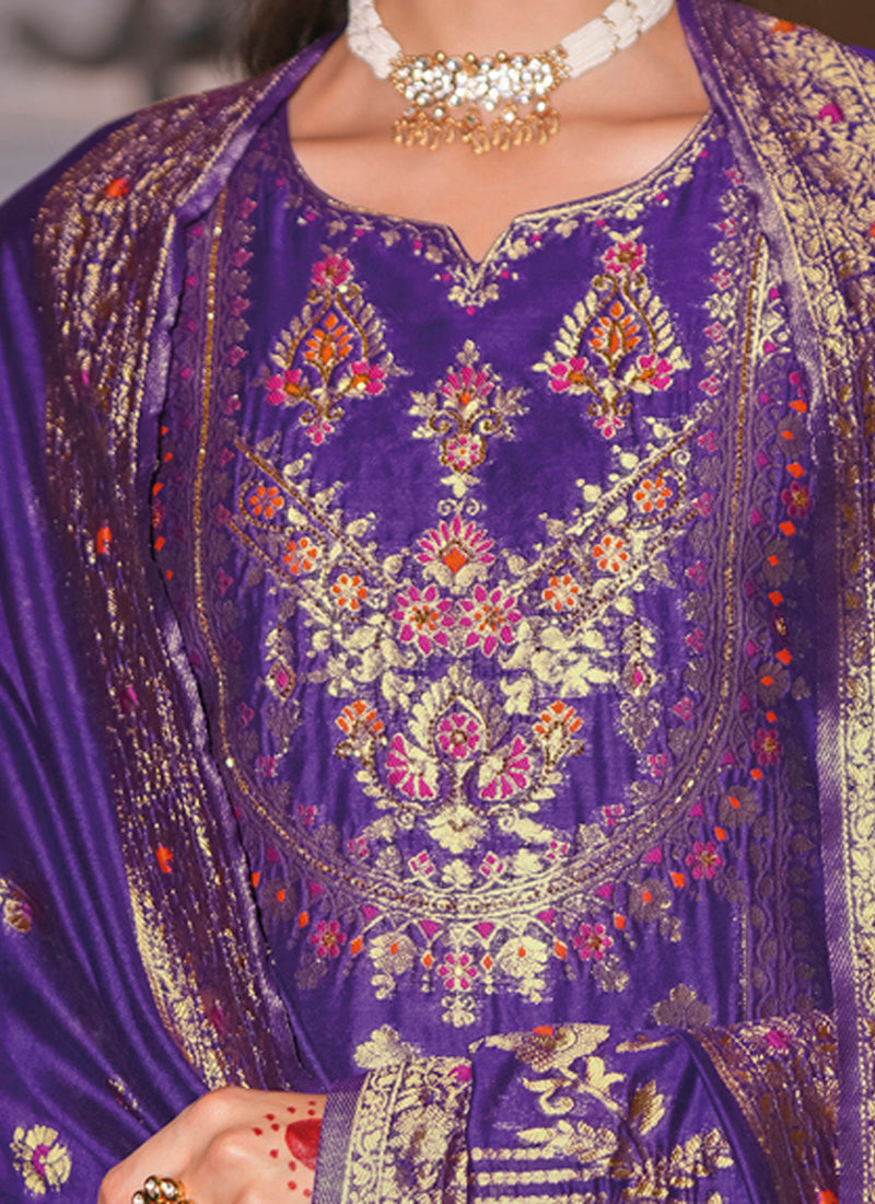 Vellora Jacquard Silk Royal Blue Party Wear Embroidery Work Readymade Salwar Suit