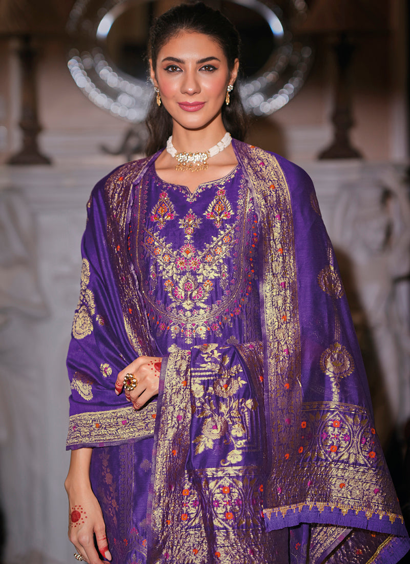 Vellora Jacquard Silk Royal Blue Party Wear Embroidery Work Readymade Salwar Suit