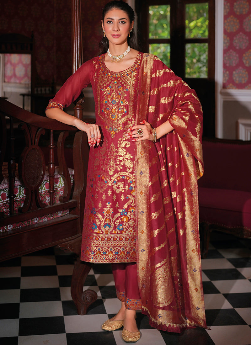 Vellora Jacquard Silk Red Party Wear Embroidery Work Readymade Salwar Suit