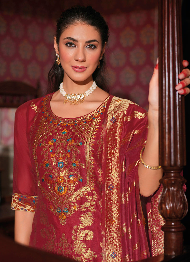 Vellora Jacquard Silk Red Party Wear Embroidery Work Readymade Salwar Suit