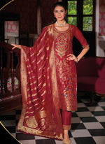 Thumbnail for Vellora Jacquard Silk Red Party Wear Embroidery Work Readymade Salwar Suit