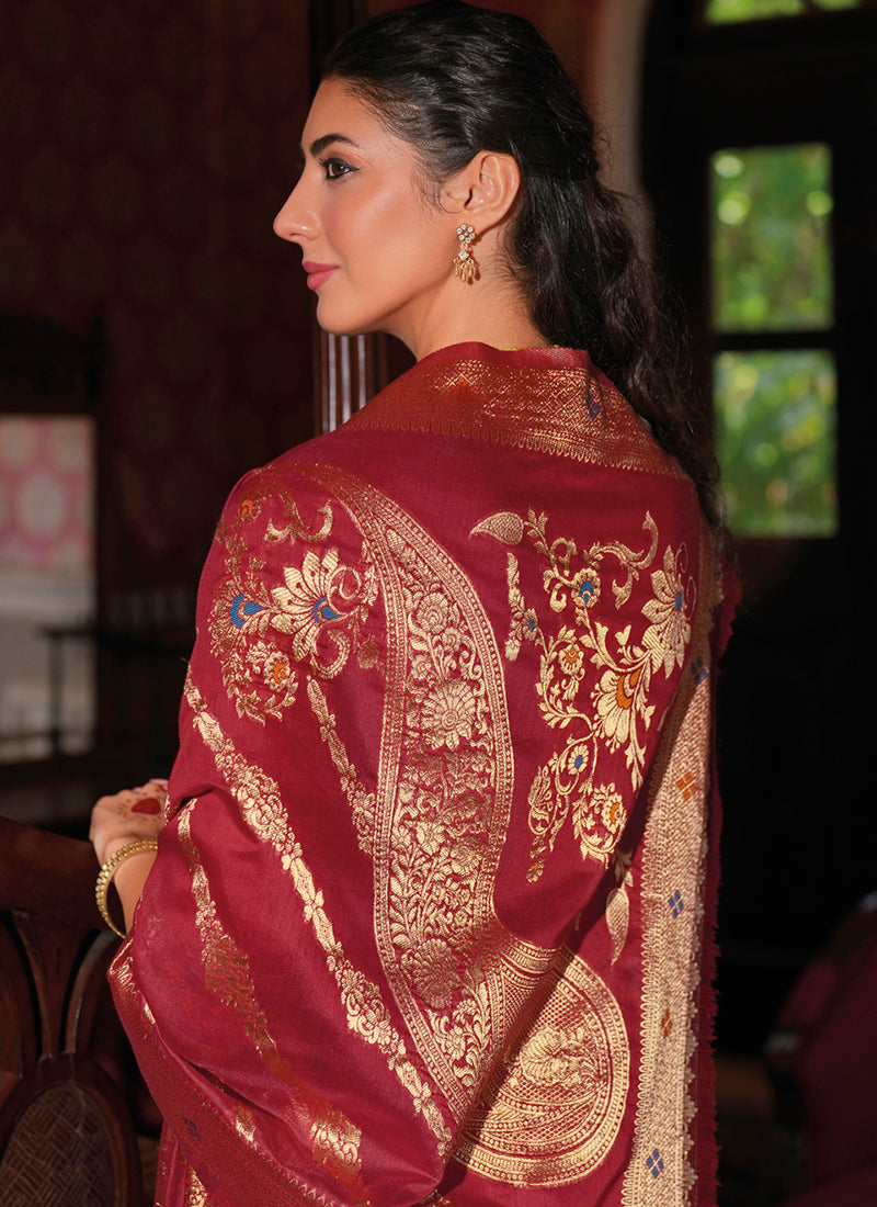 Vellora Jacquard Silk Red Party Wear Embroidery Work Readymade Salwar Suit