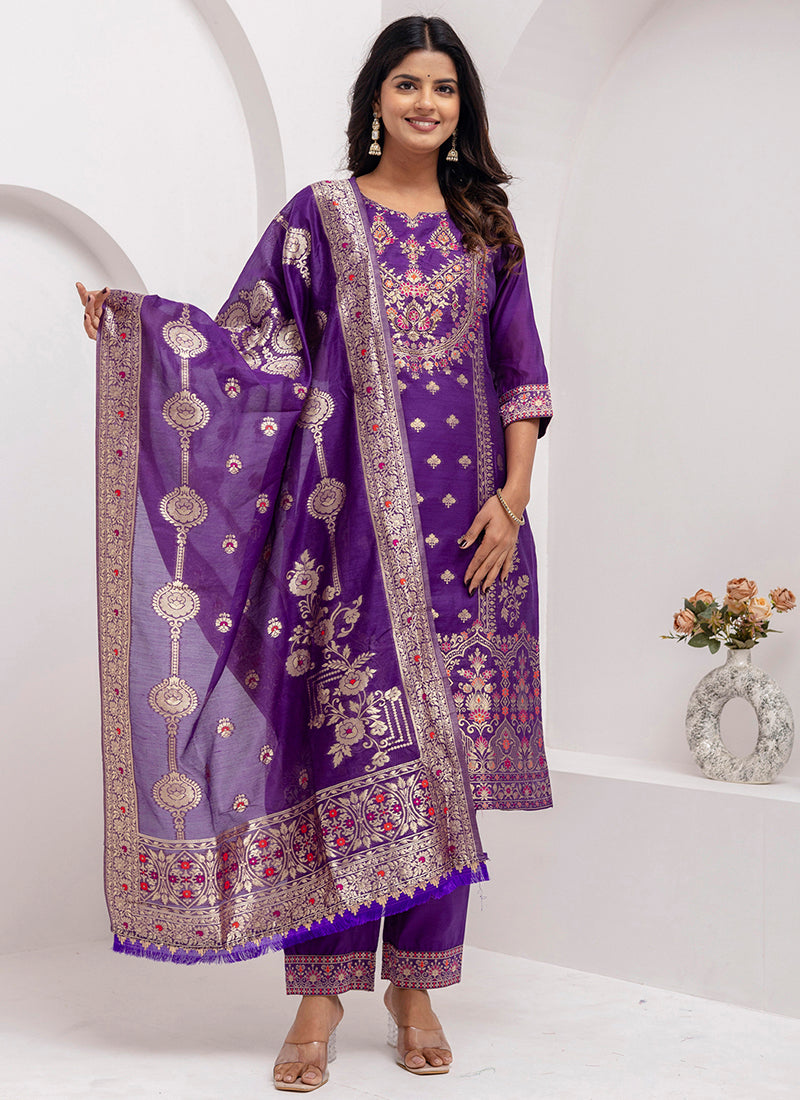 Vellora Jacquard Silk Royal Blue Party Wear Embroidery Work Readymade Salwar Suit