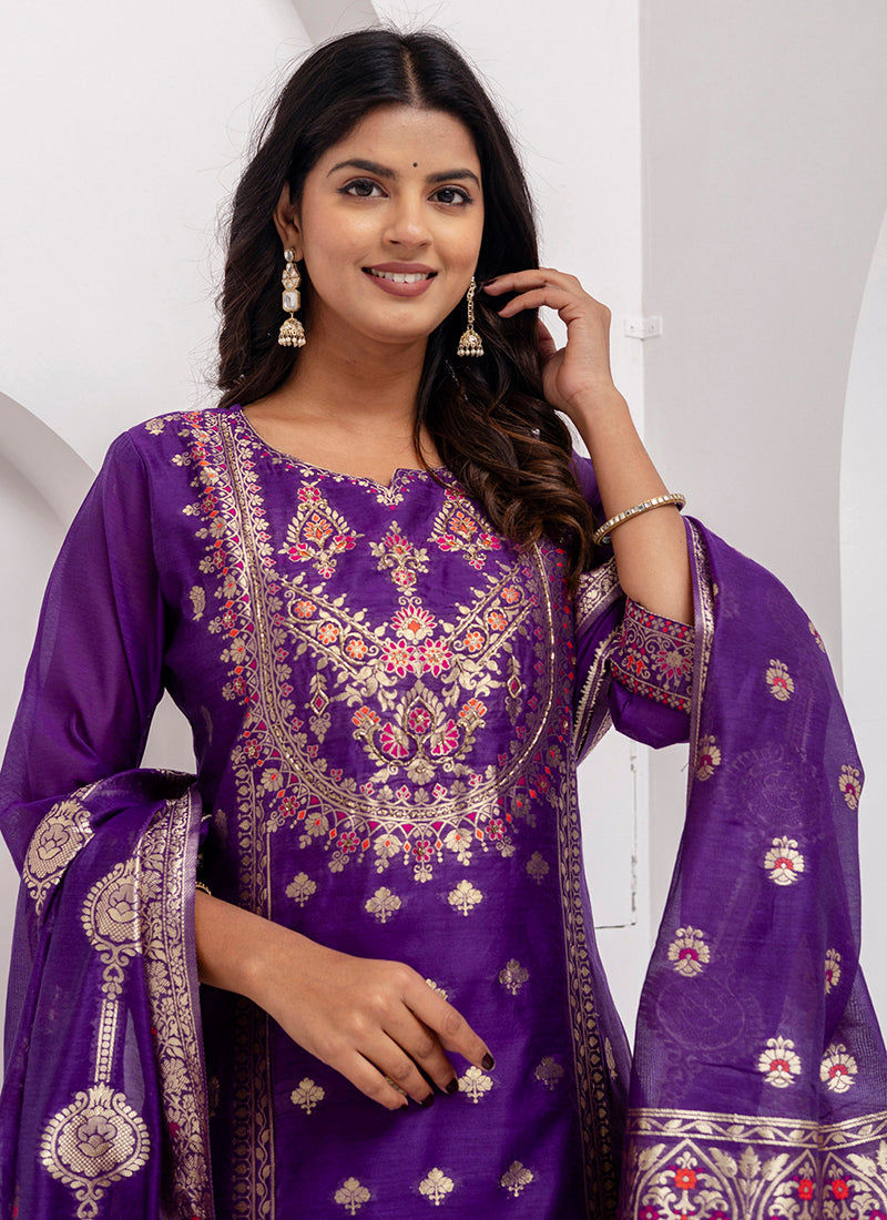 Vellora Jacquard Silk Royal Blue Party Wear Embroidery Work Readymade Salwar Suit