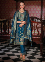 Thumbnail for Vellora Jacquard Silk Teal Party Wear Embroidery Work Readymade Salwar Suit