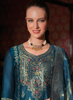 Thumbnail for Vellora Jacquard Silk Teal Party Wear Embroidery Work Readymade Salwar Suit