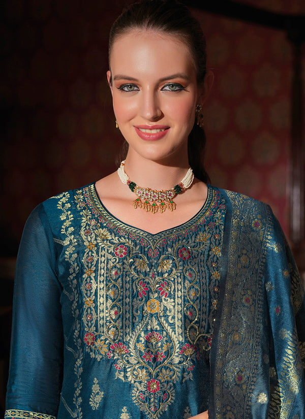 Vellora Jacquard Silk Teal Party Wear Embroidery Work Readymade Salwar Suit