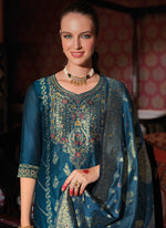 Thumbnail for Vellora Jacquard Silk Teal Party Wear Embroidery Work Readymade Salwar Suit