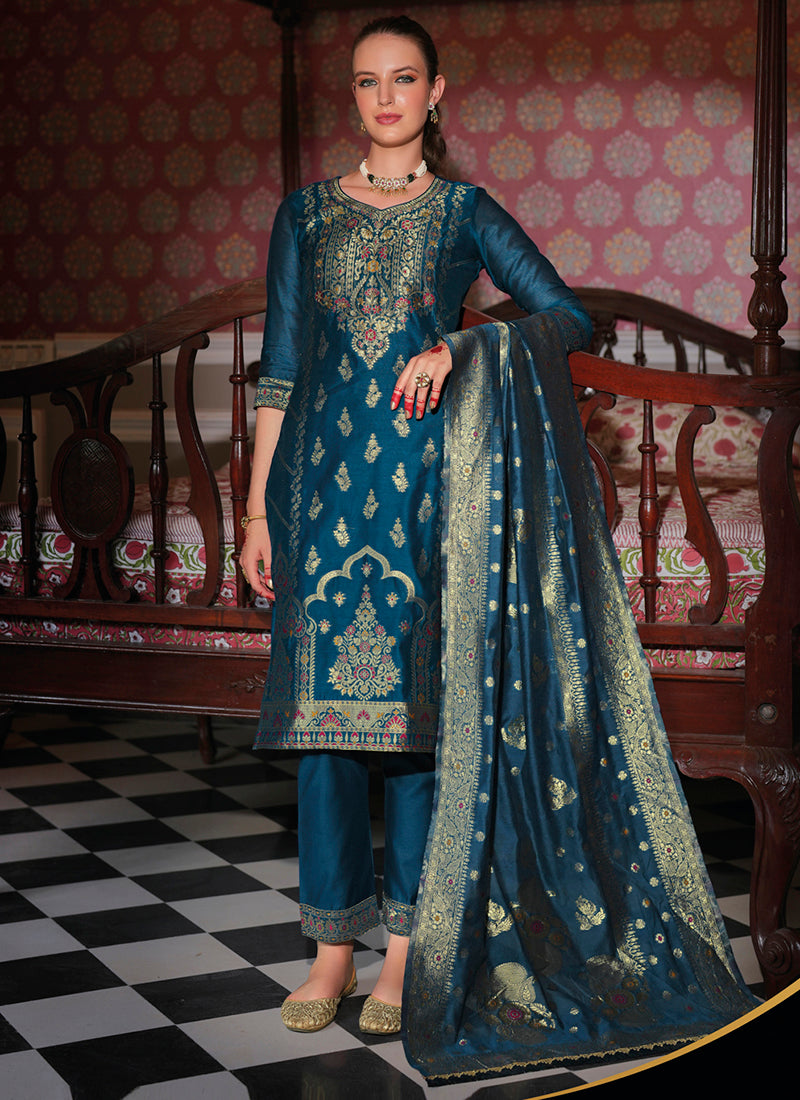Vellora Jacquard Silk Teal Party Wear Embroidery Work Readymade Salwar Suit
