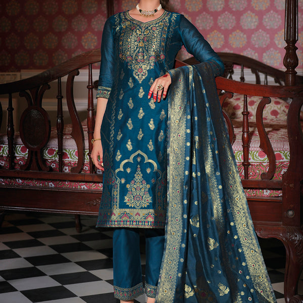 Vellora Jacquard Silk Teal Party Wear Embroidery Work Readymade Salwar Suit - Distacart