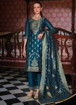 Thumbnail for Vellora Jacquard Silk Teal Party Wear Embroidery Work Readymade Salwar Suit