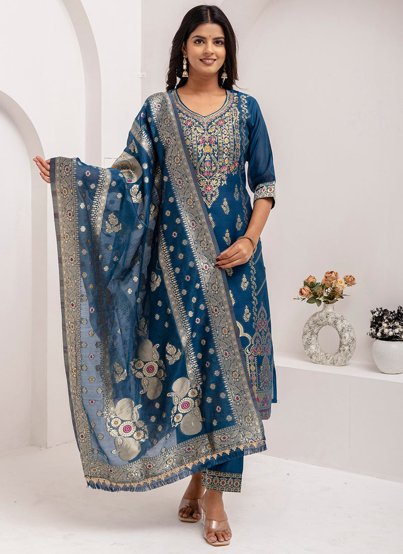 Vellora Jacquard Silk Teal Blue Party Wear Embroidery Work Readymade Salwar Suit