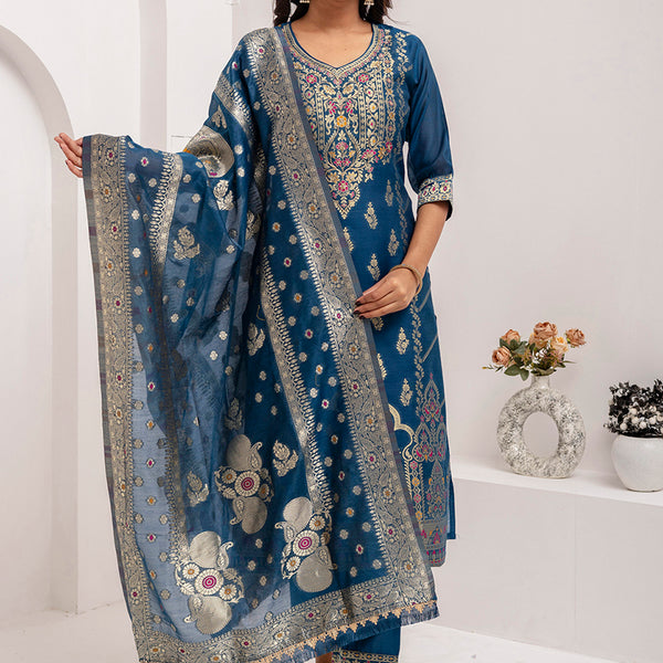 Vellora Jacquard Silk Teal Blue Party Wear Embroidery Work Readymade Salwar Suit - Distacart