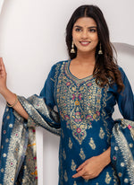 Thumbnail for Vellora Jacquard Silk Teal Blue Party Wear Embroidery Work Readymade Salwar Suit