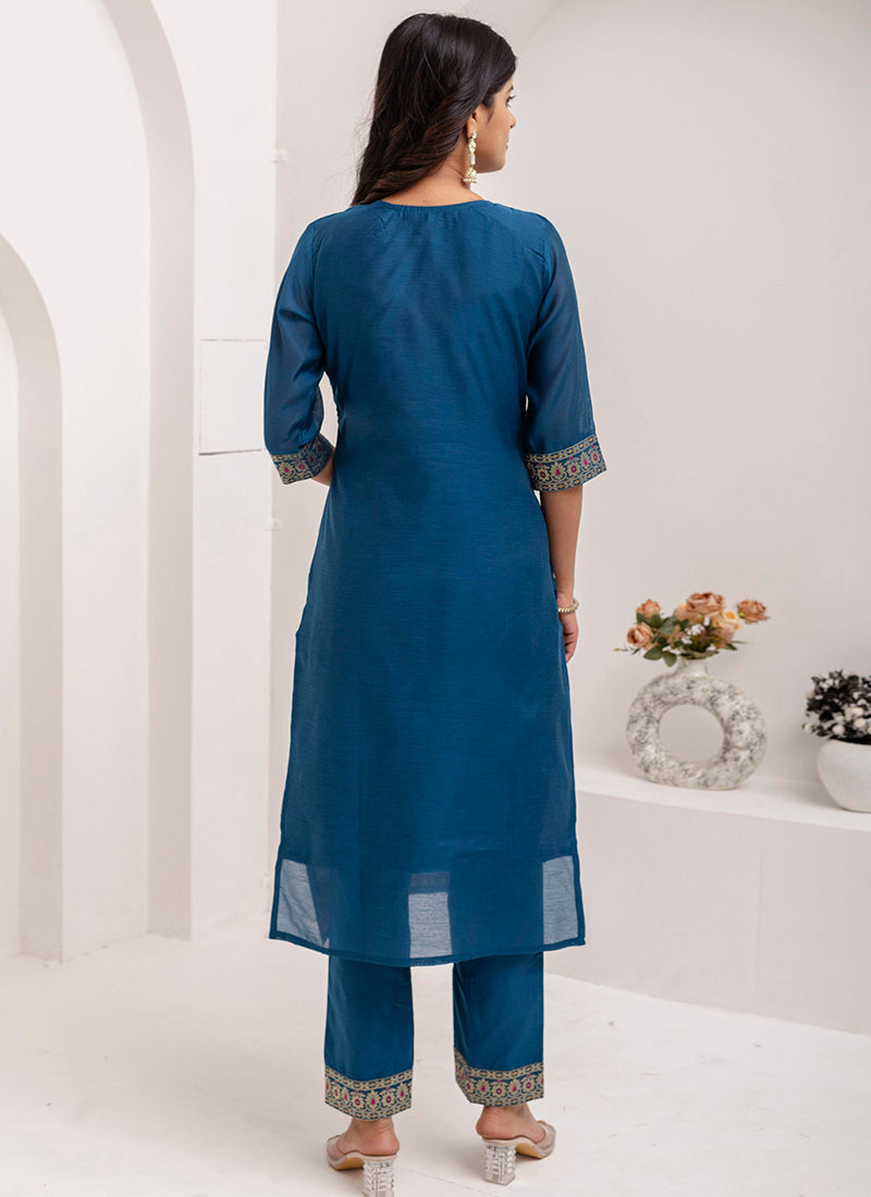 Vellora Jacquard Silk Teal Blue Party Wear Embroidery Work Readymade Salwar Suit