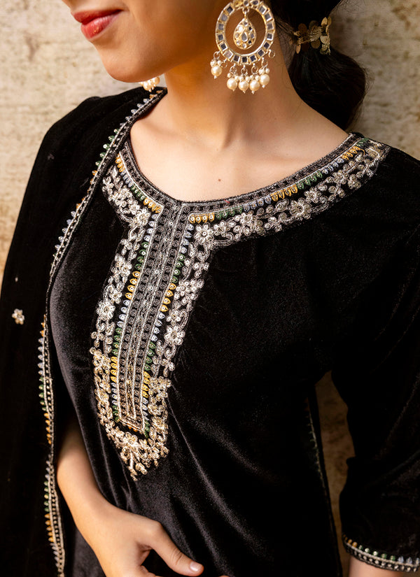 Vellora Velvet Black Party Wear Embroidery Work Readymade Salwar Suit