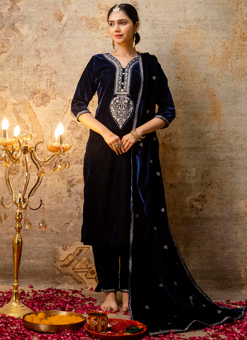 Vellora Velvet Blue Party Wear Embroidery Work Readymade Salwar Suit