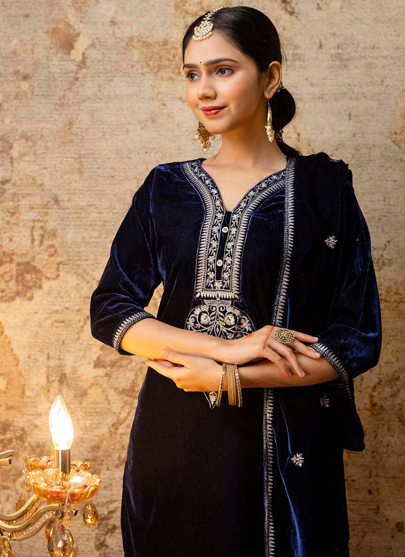 Vellora Velvet Blue Party Wear Embroidery Work Readymade Salwar Suit