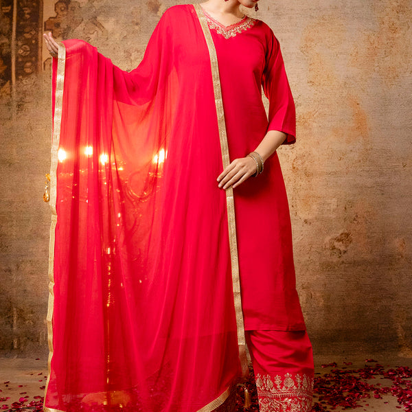Vellora Silk Blend Bright Red Party Wear Embroidery Work Readymade Salwar Suit