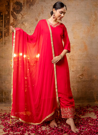 Vellora Silk Blend Bright Red Party Wear Embroidery Work Readymade Salwar Suit