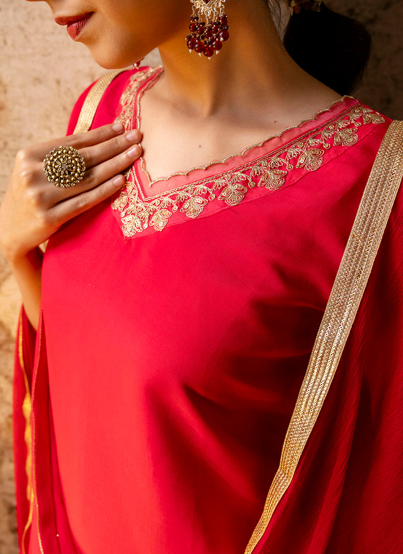 Vellora Silk Blend Bright Red Party Wear Embroidery Work Readymade Salwar Suit