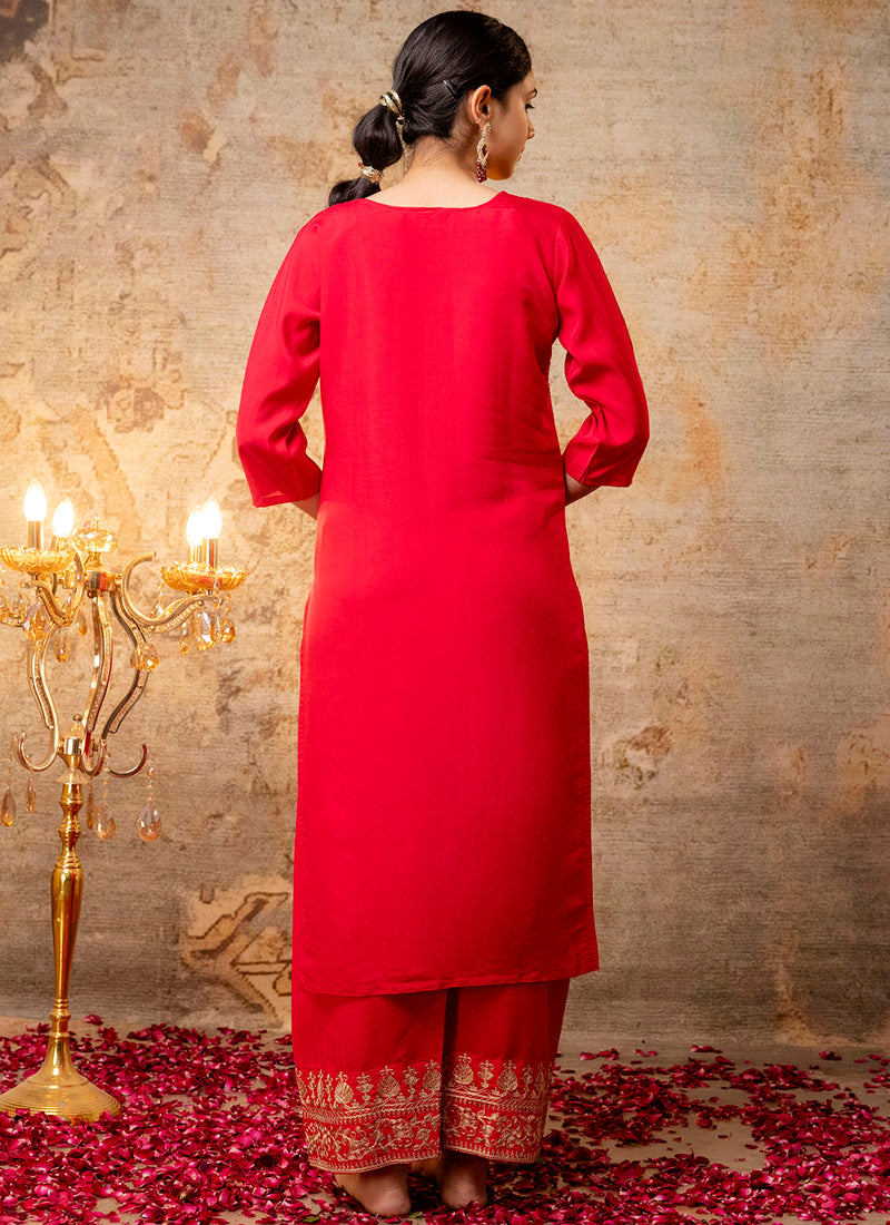 Vellora Silk Blend Bright Red Party Wear Embroidery Work Readymade Salwar Suit