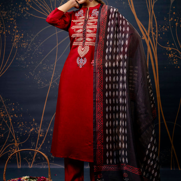 Vellora Cotton Silk Blend Maroon Party Wear Embroidery Work Readymade Salwar Suit