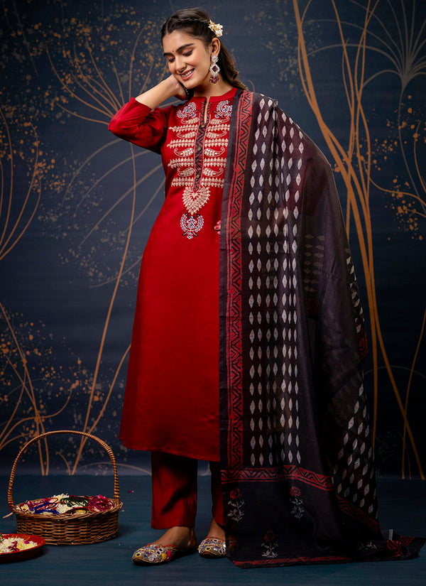 Vellora Cotton Silk Blend Maroon Party Wear Embroidery Work Readymade Salwar Suit